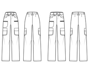 set of ski pants technical fashion illustration with normal low waist, high rise, zipper patch pocke