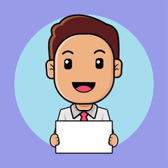 Cute businessman hold a white board cartoon illustration