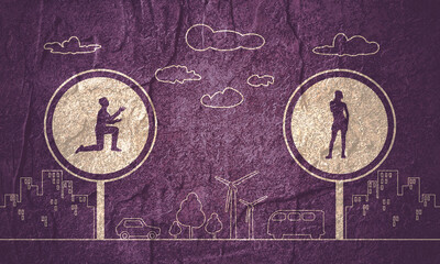 Wall Mural - Silhouette of man in prayer pose. Man asking woman to marry him. Road signs with human icons. Thin line style scene