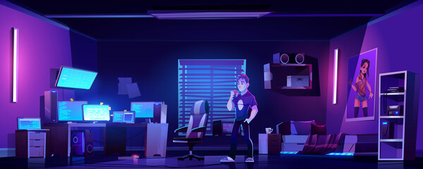 Teenager drinks coffee in bedroom with workspace of gamer, programmer or hacker at night. Vector cartoon interior room with chair, computer monitors on desk and printer on shelf