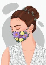 Beautiful Girl In A Mask Made Of Flowers. Spring Fantasy Flat Illustration. For Postcards, Posters, Magazine Covers, Booklets
