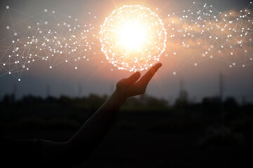 silhouette a man use hand holding line circle online social media networking, sunset backgrounds, fu