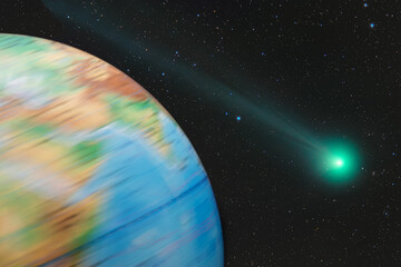 Wall Mural - the earth globe rotates against the background of space with a flying comet. photo of the rotation o