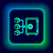 Glowing Neon Line Proof Of Stake Icon Isolated On Black Background. Cryptocurrency Economy And Finance Collection. Colorful Outline Concept. Vector.