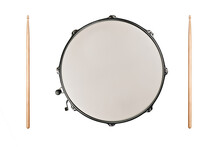Top View Of A Snaredrum And Two Drumsticks On White Background