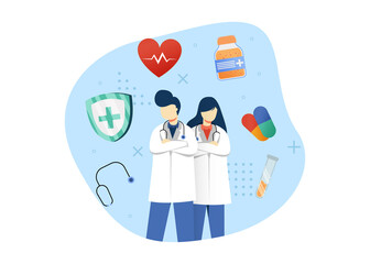 Wall Mural - medicine and healthcare concept vector illustration. male and female doctor character. medical service. can use for homepage, mobile apps, web banner. character cartoon Illustration flat style.