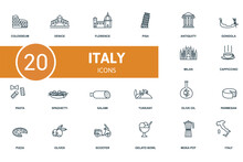 Italy Icon Set. Contains Editable Icons Italy Theme Such As Venice, Pisa, Gondola And More.