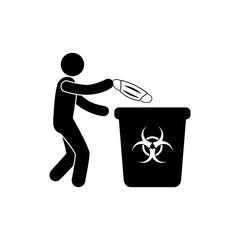 disposal of medical masks, man throws a mask into a special trash can, biohazard symbol, icon isolated on white background, warning sign, simple flat pictogram, stick figure human silhouette