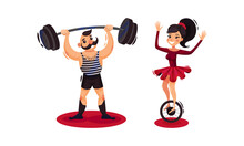 Man And Woman As Circus Artists And Acrobats Lifting Heavy Barbell And Balancing On Wheel Vector Set