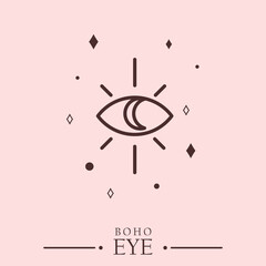 Mythical eye for esoteric and occult. Magic eye line art logo for print and fashion. Eye line sign and myth icon on beige. Boho object, vector bohemian or occult element