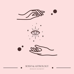 Female hand with boho eye. Woman hand gesture for boho, beauty and fashion. Vector illustration for occult, boho and magic with crystal. Linear vector template for beauty, tattoo and cosmetics.