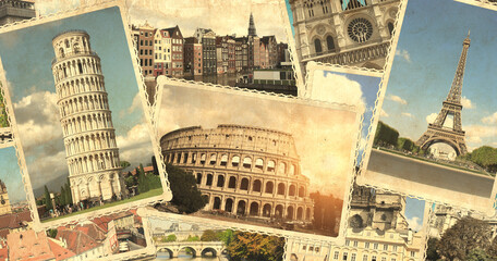 Sticker - Vintage travel background with retro photos of european landmarks