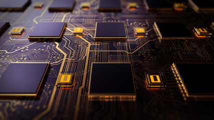 Wall Mural - Printed circuit board futuristic server/Abstract circuit board futuristic server code processing. Orange,  gold, blue color technology background with bokeh. 3d rendering