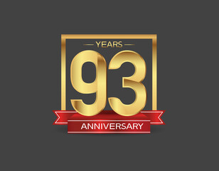 93 years anniversary logo style with golden square and red ribbon isolated on black background for celebration moment