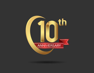 Wall Mural - 10 years anniversary logo style with swoosh ring golden color and red ribbon isolated on black background for company celebration