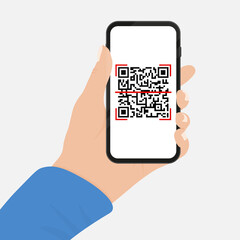 Hand holds phone with qr code on screen. Scanning code by phone. Qr label sticker. Vector illustration.
