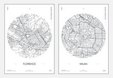 Travel Poster, Urban Street Plan City Map Florence And Milan, Vector Illustration