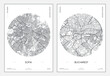 Travel poster, urban street plan city map Sofia and Bucharest, vector illustration