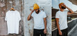© San4ezz007 - Collage of photos with young bearded hipster guy wearing white blank t-shirt. Mock-up for print. T-shirt template. Hanging on ahanger empty white t-shirt.