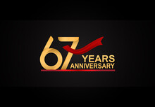 67 Years Anniversary Design With Red Ribbon And Golden Color Isolated On Black Background For Celebration Moment