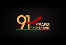 91 Years Anniversary Design With Red Ribbon And Golden Color Isolated On Black Background For Celebration Moment