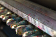 Multicolored drops of paint on the tuners of the old printing press. Close-up of a fragment of an offset machine.