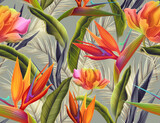 Fototapeta Tulipany - Seamless tropical flower, plant and leaf pattern background. Hawaii jungle flowers