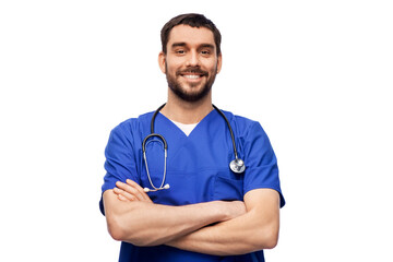 Canvas Print - healthcare, profession and medicine concept - happy smiling doctor or male nurse in blue uniform with stethoscope over white background