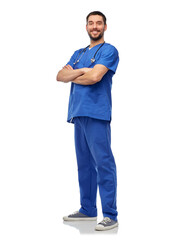 Wall Mural - healthcare, profession and medicine concept - happy smiling doctor or male nurse in blue uniform with stethoscope over white background