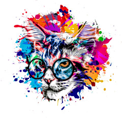 cat head with eyeglasses and creative abstract elements on colorful background