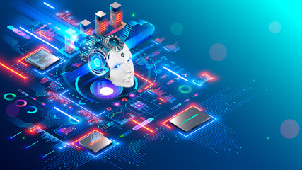 Leinwandbilder - AI. Artificial intelligence technology isometric concept. Cybernetic brain communication with network and analyze data. Machine learning of AI. Robot or cyborg head images mind artificial intelligence