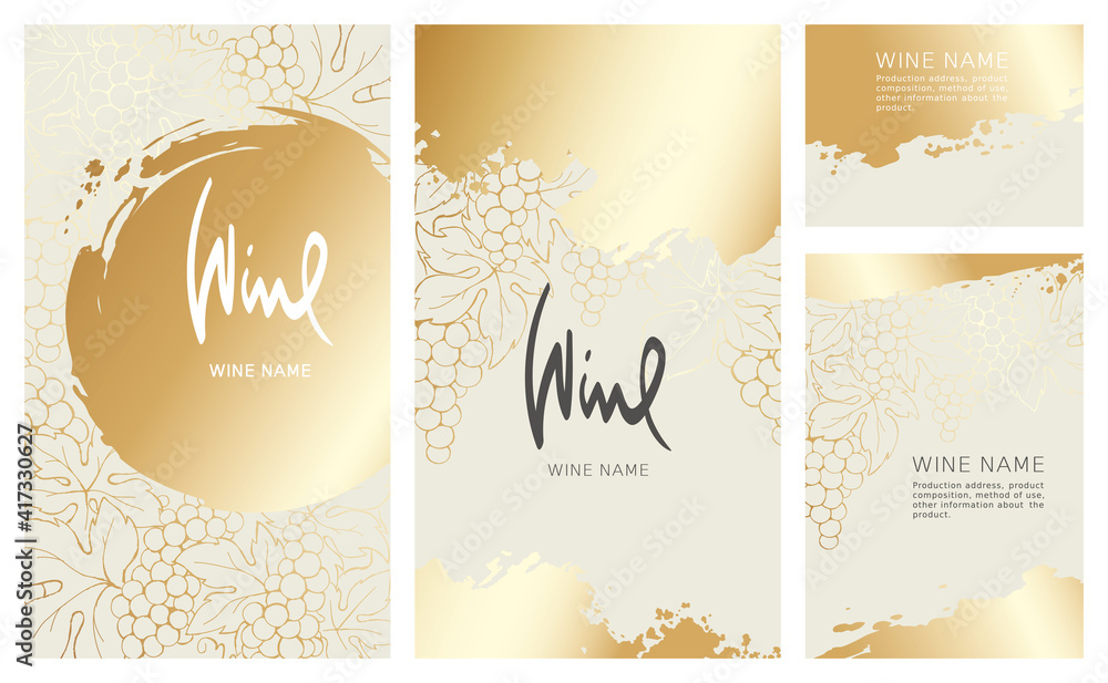 Collection labels for wine. Vector illustration, set of backgrounds with gold patterns and gold strokes. - obrazy, fototapety, plakaty 