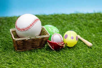 Wall Mural - Baseball for Easter Holiday with Easter eggs in basket 