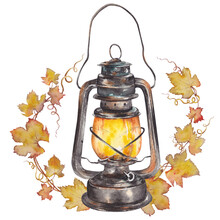 Vintage Oil Lantern With Autumn Grape Leaf Wreath.
