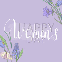 Poster - Happy womens day. March 8. Purple banner with spring flowers