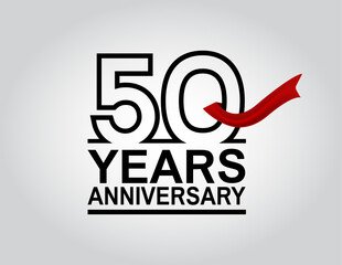 50 years anniversary logotype with black outline number and red ribbon isolated on white background for celebration