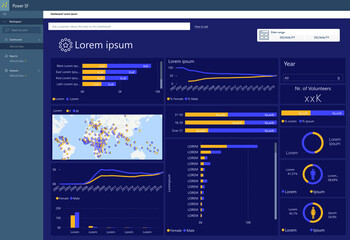 Dashboard screen in dark blue with map