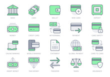 Finance Banking Simple Line Icons. Vector Illustration With Minimal Icon - Wallet, Bunch Cash, Credit Card, Safe, , Online Transfer, Account Protection Pictogram. Green Color, Editable Stroke