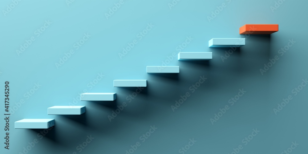 Blue stairs leading to orange top step, success, top level or career minimal modern concept - obrazy, fototapety, plakaty 