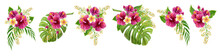 Set Tropical Bouquets Of Hibiscus Rose, Frangipani And Greenery Of Monstera Palm Leaf And Palm Fronds. Exotic Clipart Hand Drawn Watercolor Painting Of Natural Leaves And Flowers Isolated On White