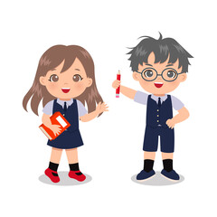 Wall Mural - Cute boy and girl in school uniform. Educational clip art. Flat vector design isolated in white