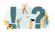 © Tanya Selez - Search for answers to questions. Women and men ask questions and get answers. People standing next to a question and an exclamation mark. Frequently asked questions concept. Flat vector illustration.