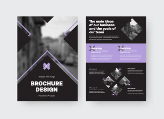 Canvas Print - brochure template with vector illustration, purple inserts, cross, place for photo, presentation of 