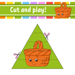 Wall Mural - Cut and play. Educational activity worksheet for kids and toddlers. Game for children. Happy characters. Simple flat color isolated vector illustration in cute cartoon style.