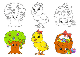 Easter theme. Set coloring page for kids. Cute cartoon characters. Black stroke. With sample. Vector illustration.