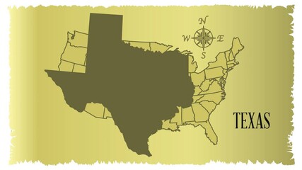 Poster - Map of the USA divided into state maps with Texas being increased in size to indicate its position on the map