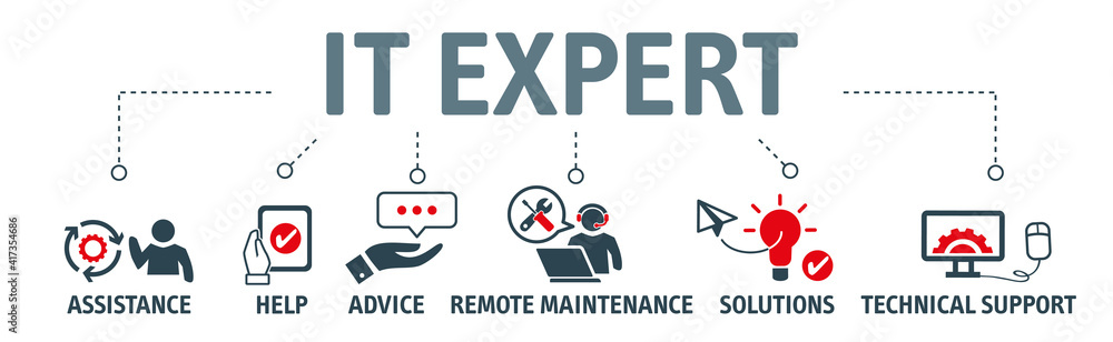 Banner of  IT Expert, Information Technology Advice, Services or technical support - vector illustration concept with icon - obrazy, fototapety, plakaty 