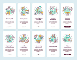 Canvas Print - Economic recovery onboarding mobile app page screen with concepts set. Considering health risks walkthrough 5 steps graphic instructions. UI vector template with RGB color illustrations