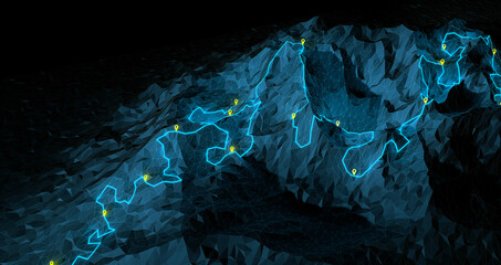 Wall Mural - overview of a winding hiking trail through the mountains with waypoints - 3d illustration