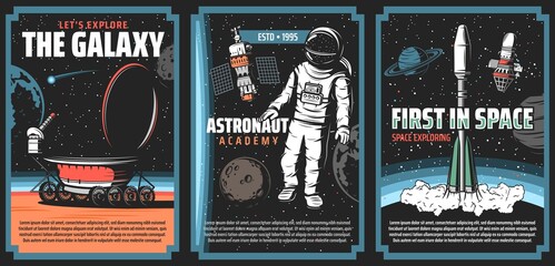 Outer space explore, vector retro posters. Galaxy exploration, cosmos adventure vintage cards with astronaut in outer space, rover walk on mars surface, satellite and rocket on earth orbit in universe